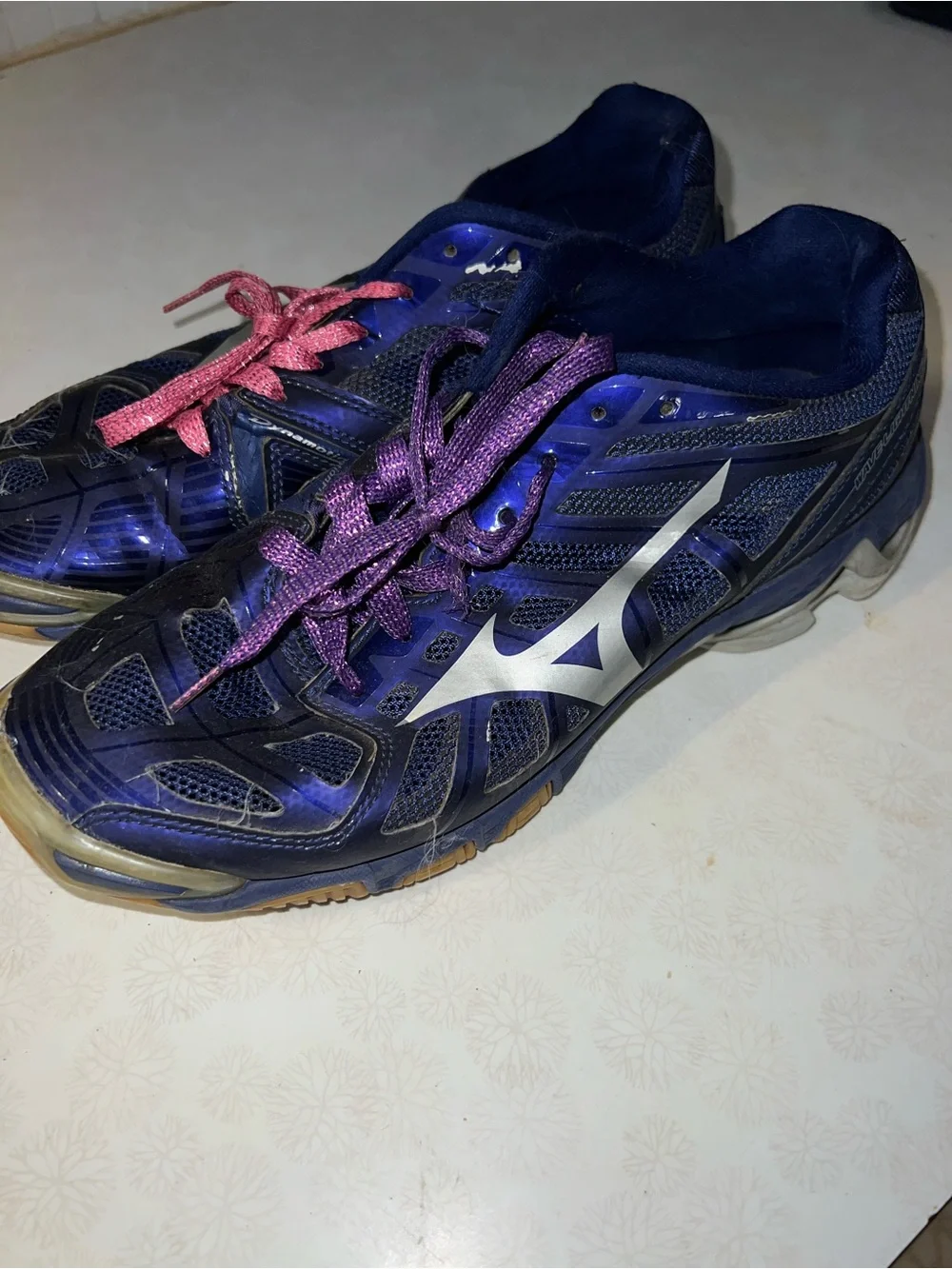 Mizuno Women's Navy Purple Athletic Sneakers with Pink Accent Laces